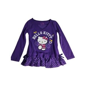Hello Kitty Tunic Top Girls Size 5 Purple Ruffle Hem Graphic Long Sleeve Cute